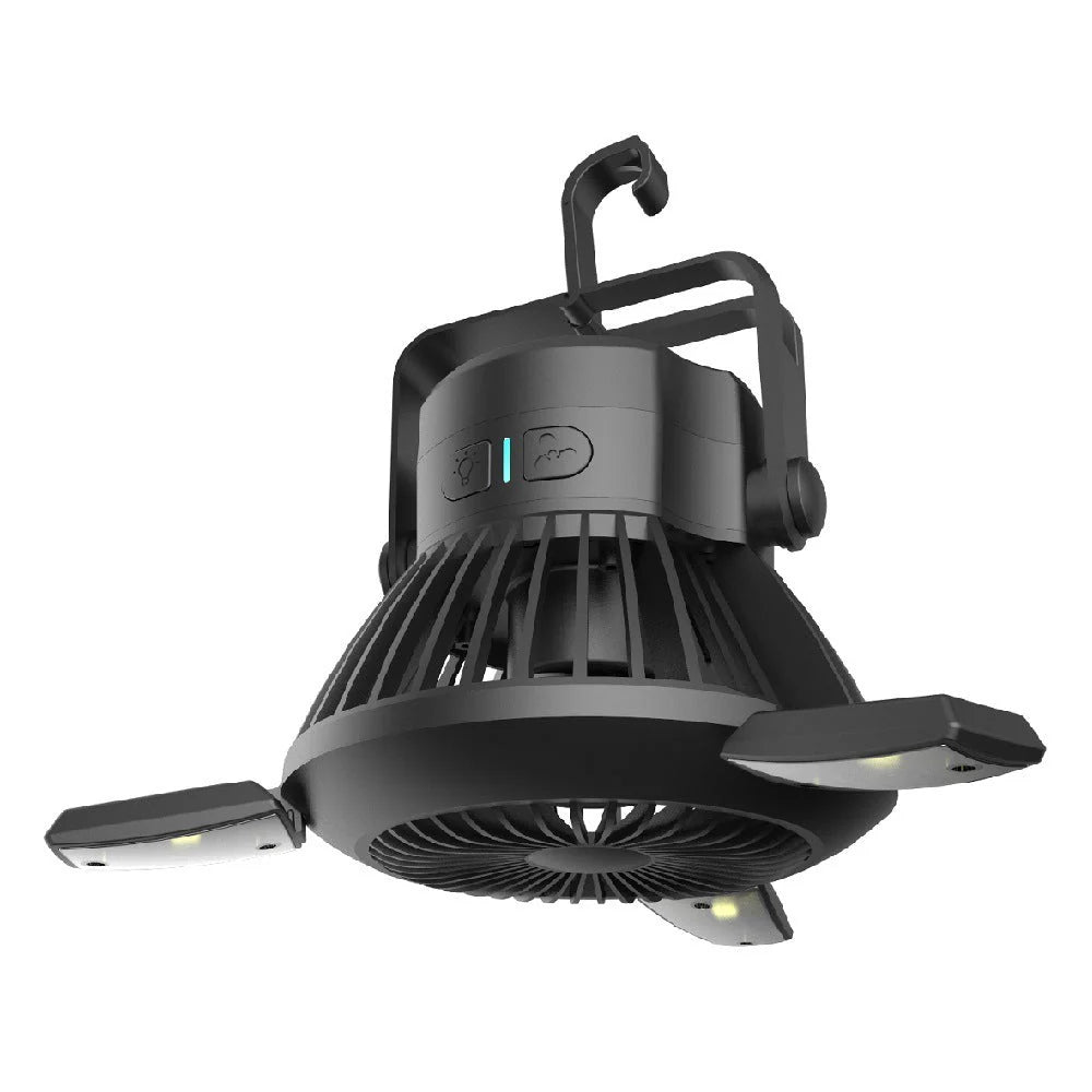 Solar Camping Fan with LED Light &amp; Hanging Hook – Rechargeable, Foldable &amp; USB Powered