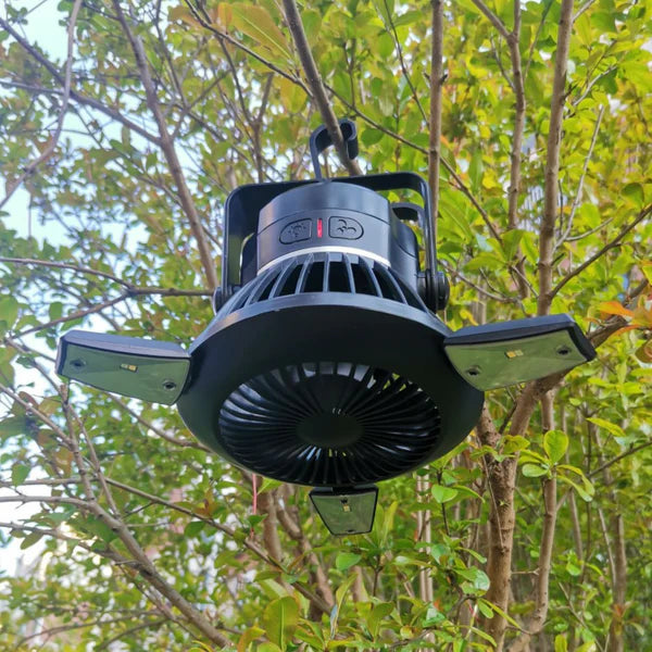 Solar Camping Fan with LED Light &amp; Hanging Hook – Rechargeable, Foldable &amp; USB Powered