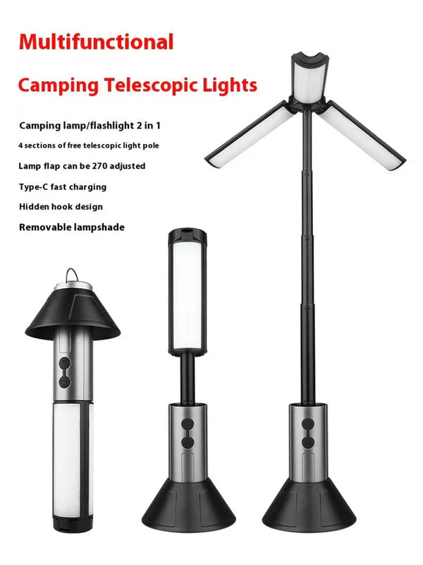 Super Bright Rechargeable Camping Light – 54 LED Multi-Function Lantern with Flashlight, Telescopic Pole &amp; USB-C Charging